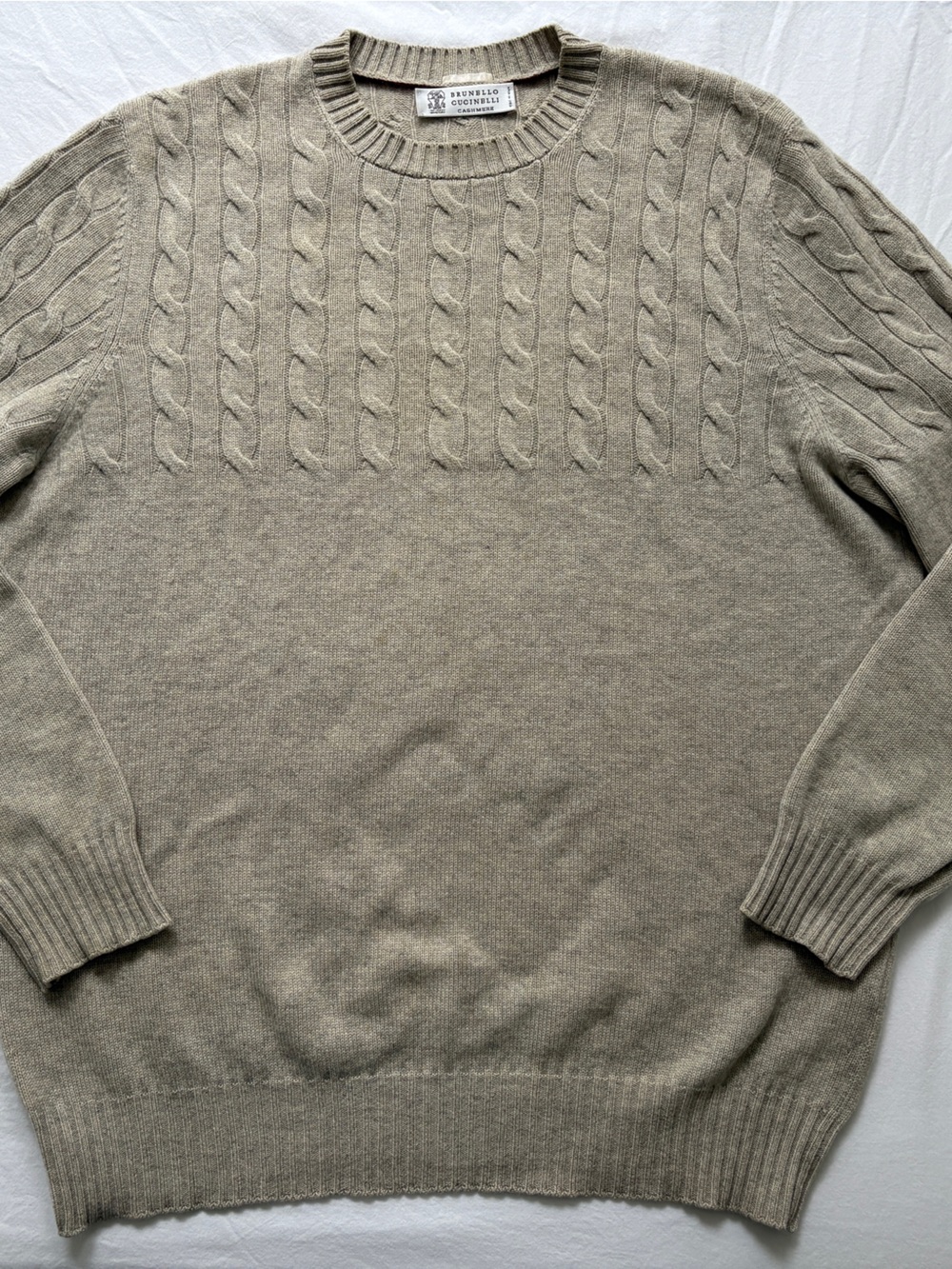 Brunello Cucinelli Cable-Knit Crewneck Sweater in Taupe Beige